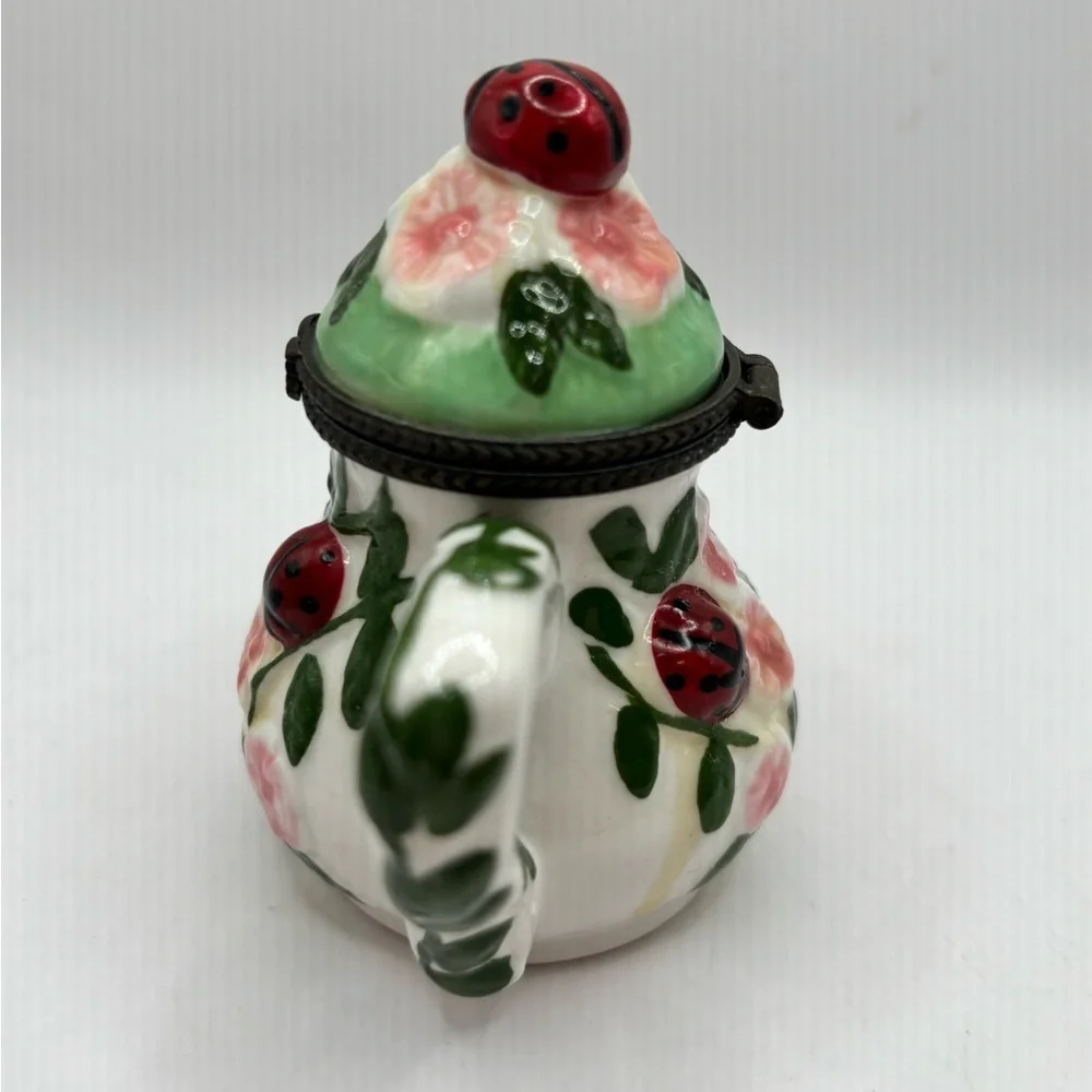 Retro Trinket Box Teapot Ladybug Floral Motif Keepsake 3.5